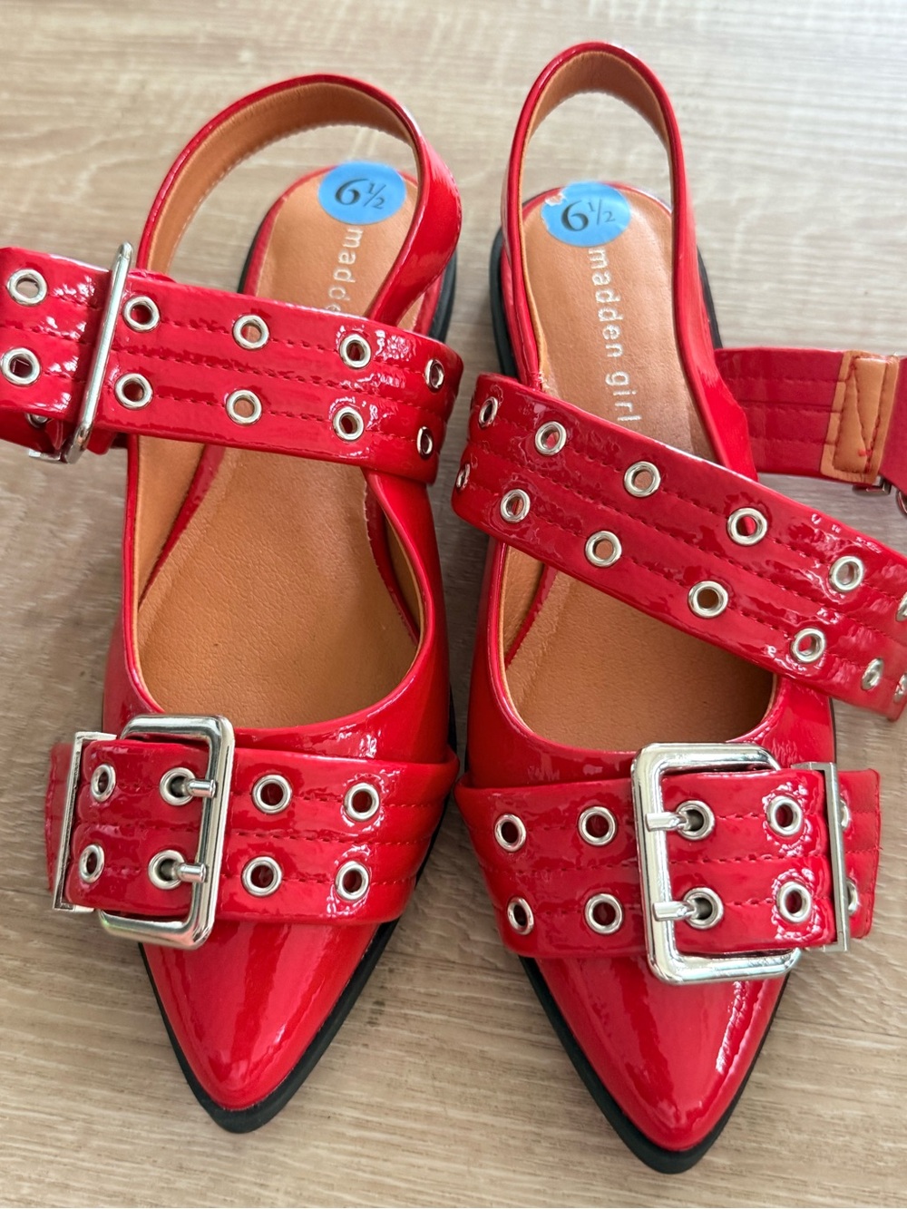 Madden Girl Red Patent Pointed Buckle Slingback Flats